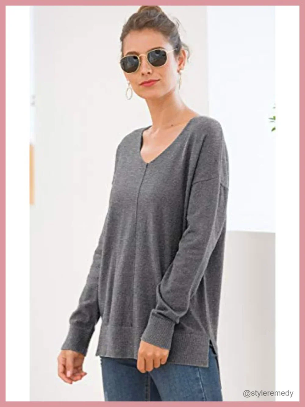 Viscose Blend V-Neck Batwing Sleeve Lightweight Knit Pullover Sweater